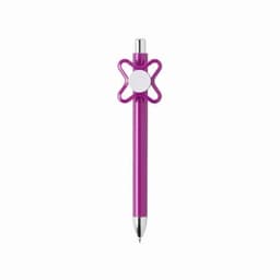 A purple pen with a unique flower-shaped grip and silver tip, featuring a branding logo.