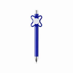 A blue pen with a unique flower-shaped grip and a silver tip. It features a simple click mechanism.