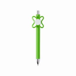A green pen with a unique flower-shaped grip and a silver ballpoint tip, featuring a logo on its body.