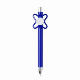 A blue pen with a distinctive flower-shaped grip and a silver tip. It features a logo on its body.