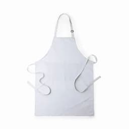 A light grey apron with adjustable straps and ties. It features a simple design and no visible branding.