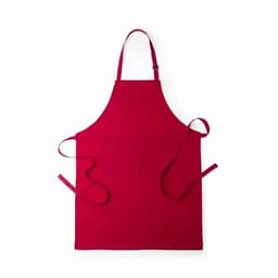 A red apron with adjustable neck straps and ties at the waist. It features a simple design without pockets.
