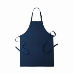 A navy blue apron with adjustable neck straps and ties at the waist, featuring no visible branding.