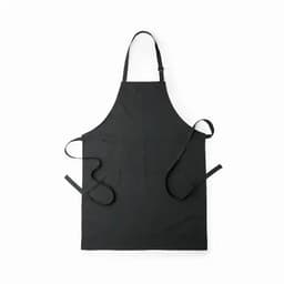 A black apron with adjustable neck straps and ties on the sides. It features a simple design and no visible branding.
