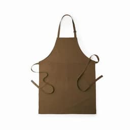 A brown apron with adjustable straps and ties on the sides. It features a simple design without additional embellishments.