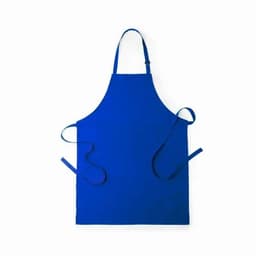 A blue apron with adjustable neck straps and ties on the sides. It features a solid colour design.