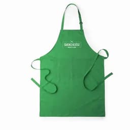 A green apron featuring pockets and a logo at the top. It has ties on the sides for fastening.