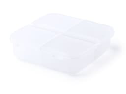 A lunchbox with a square, transparent design featuring four compartments and a secure lid.