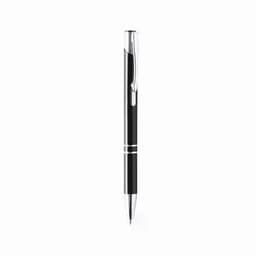 A sleek black pen with chrome accents, featuring a retractable design and clip for easy carrying.