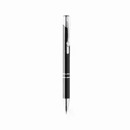 A black pen with a shiny silver clip and accents, featuring a sleek design and a logo on the body.
