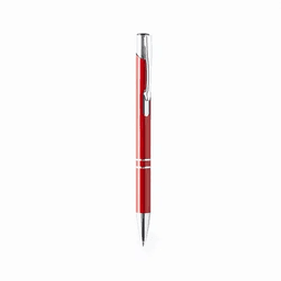 A red pen with a shiny silver clip and trim, featuring a sleek, smooth design.
