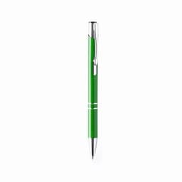 A green pen with a silver clip and accents, featuring a sleek design and a shiny finish.