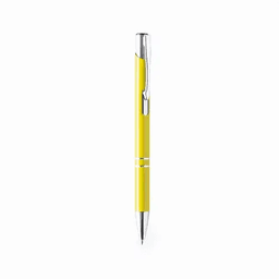 A yellow pen with a chrome clip and detailing, featuring a sleek design. It has a shiny finish and is upright.