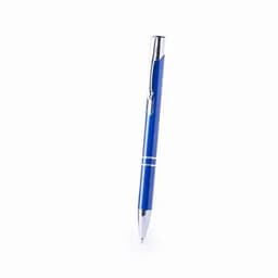 A blue pen with silver accents, featuring a clip and a smooth tapered design.