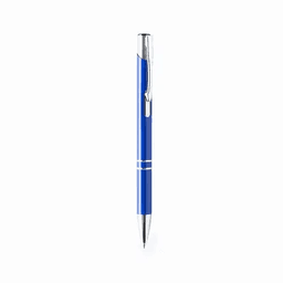A blue pen with a shiny chrome clip and silver accents, featuring a smooth barrel design.