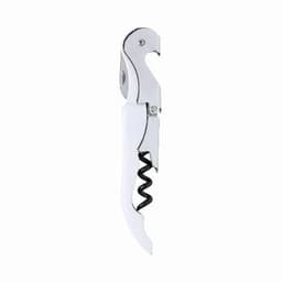 A corkscrew with a chrome finish and white handle, featuring a screw mechanism for opening bottles.