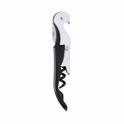 A corkscrew with a chrome finish and a black handle, designed for opening wine bottles.