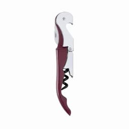 A corkscrew with a metal top and a burgundy plastic handle, featuring a spiral cork remover.