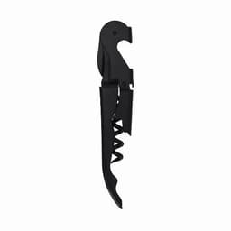 A black corkscrew opener with a lever and spiral corkscrew design. It features a built-in bottle opener.