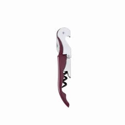 A corkscrew with a burgundy handle and chrome accents, featuring a spiral cork remover and bottle opener.
