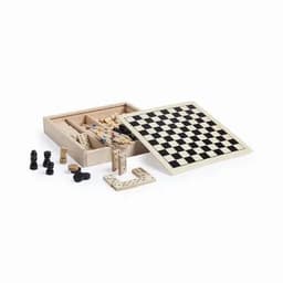 A wooden game set featuring a chessboard, various game pieces, and a storage box. The board has black and white squares.