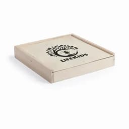 A wooden box with a lid featuring a tree design and the branding "Lifekids". The box is light in colour.