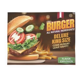 A promotional poster featuring a burger with lettuce, tomatoes, cucumbers, and fries, set against a warm background.