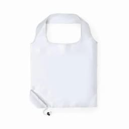 A reusable bag in white with a rounded handle, compactly folded into a small pouch for easy storage.