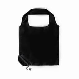 A black reusable tote bag with handles and a drawstring closure at the bottom. Features a logo on one side.