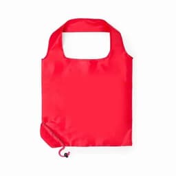 A red reusable tote bag with a drawstring closure and a handle at the top. It features a simple design.