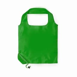 A green promotional bag with a rounded handle and a drawstring closure, featuring a logo.