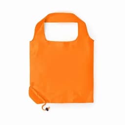 An orange tote bag with a rounded handle and a drawstring closure at the bottom. Features a logo on one side.
