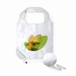 A foldable tote bag in white with a colourful palm tree design and a matching pouch for easy storage.