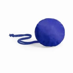 A blue promotional ball with a knotted rope attached. It features a simple design and a smooth surface.