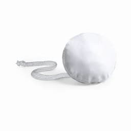 A white round promotional product with a braided strap. It has a simple design and a smooth surface.