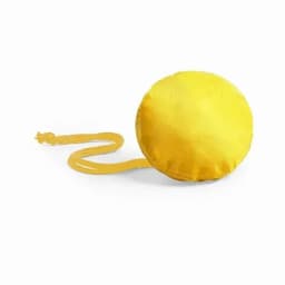 A yellow promotional product with a rounded shape and a long, thin strap. It features a logo.