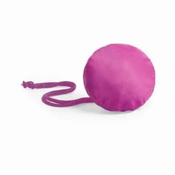 A round, bright pink product with a purple strap, featuring a smooth, shiny surface. It has a logo on it.