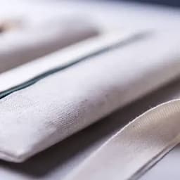 A fabric pouch in soft beige with a green zipper, accompanied by a light beige ribbon.