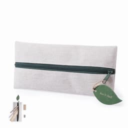 A pencil case in a light grey fabric with a green zipper and a leaf-shaped tag. It features a simple, eco-friendly design.