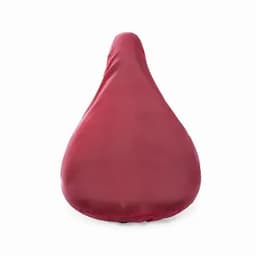 A bean bag in a deep red colour with a smooth fabric covering and a teardrop shape. It features a logo on the side.