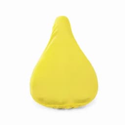 A bean bag in a bright yellow colour with a teardrop shape. It features a logo on the surface.