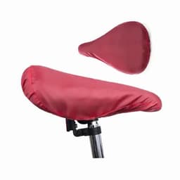A red bicycle seat cover is displayed, with one cover positioned on a bike seat and the other hovering above it.