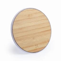 A circular bamboo lid sits atop a white container, featuring a smooth natural wood finish.