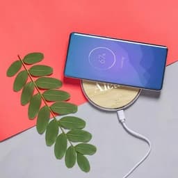 A smartphone on a wooden wireless charging pad, with a green leaf beside it, against a red background.