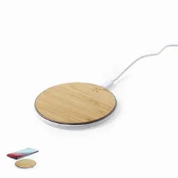 A round wireless charger with a bamboo surface and a white charging cable. Features a simple, modern design.