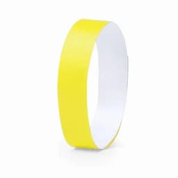 A yellow wristband with a white inner section. The band has a smooth, glossy finish and features a logo.