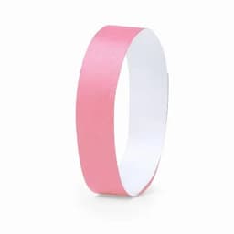 A pink wristband with a glossy finish and a white interior. It features a simple design and has a logo.