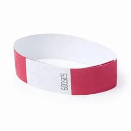 A wristband in red and white, featuring an embedded barcode, made of flexible material.