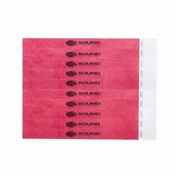 A set of pink wristbands featuring a logo with sound waves.