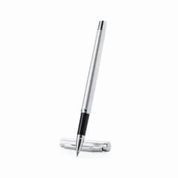 A silver pen with a black tip, held upright beside its cap.